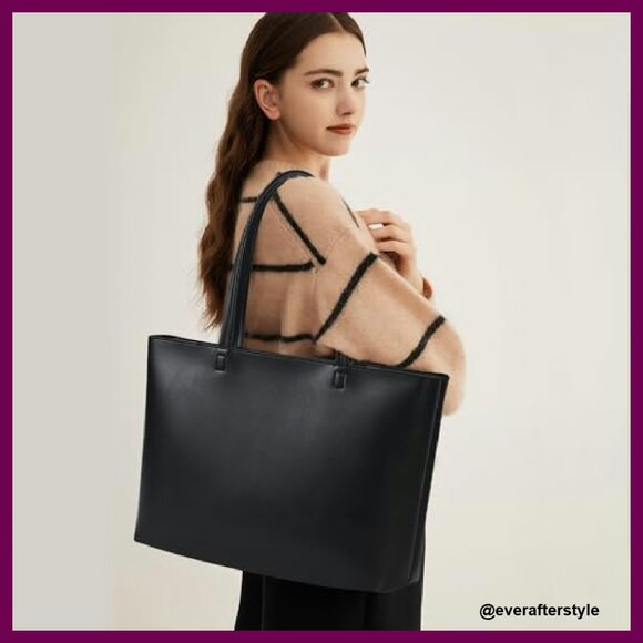 Faux Leather Tote Bag Zipper Shoulder Satchel Minimalist Chic Work Casual - Picture 3 of 7